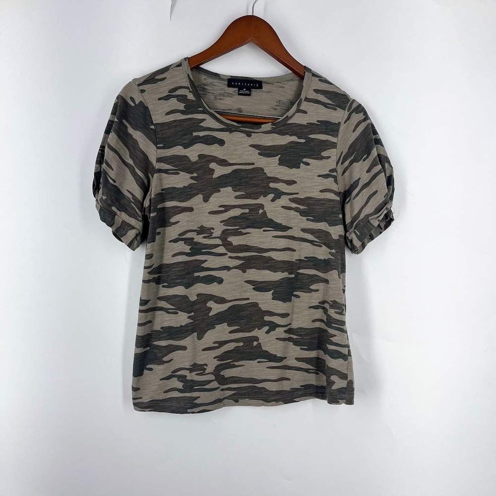 Sanctuary Womens Camo Puff Sleeve T-Shirt Green Brown Crew Neck XT2998KAR M